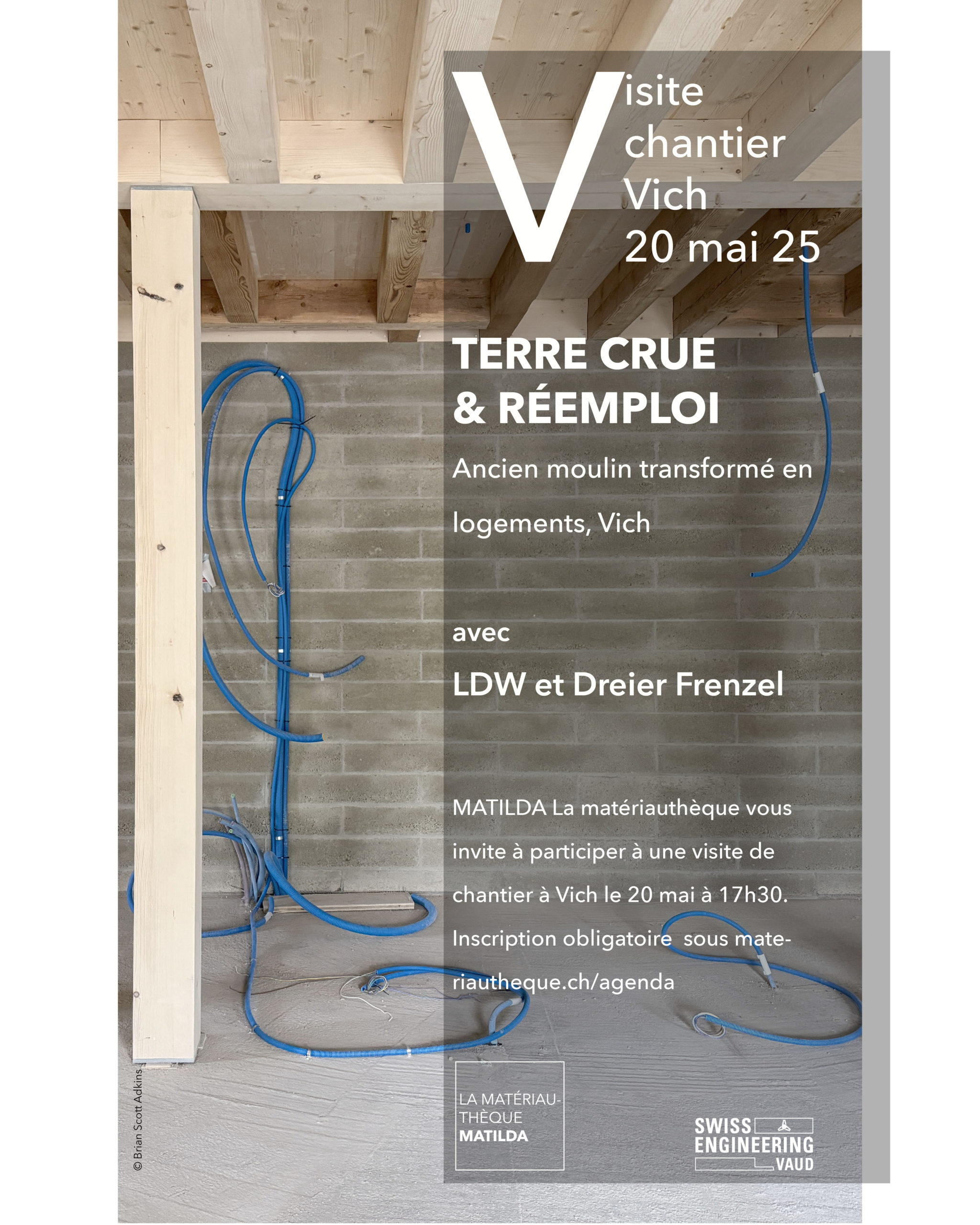 Affiche de la visite terre crue & réemploi à Vich Explications sur l'appareillage de briques et visite d'un futur appartement ©FredHatt